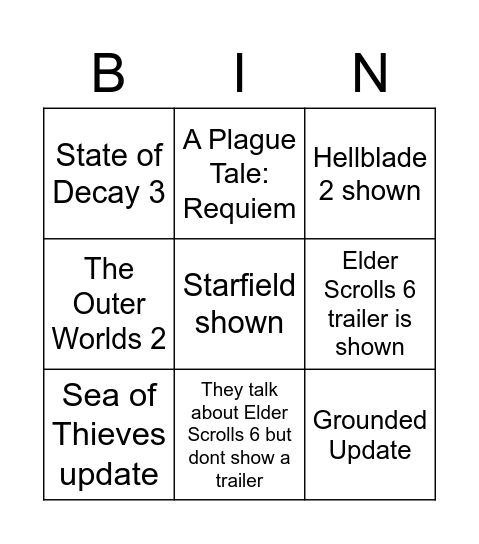 Xbox Bethesda Bingo Card