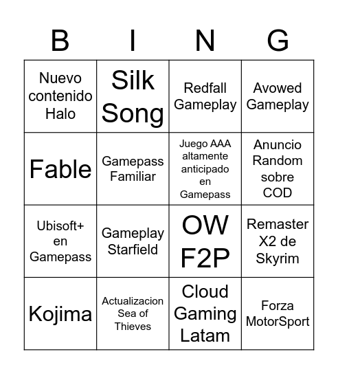 Xbox&Bethesda Showcase Bingo Card