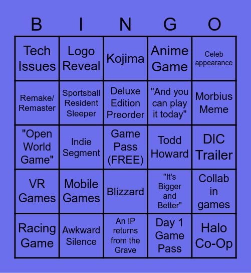 Bethesda + Microsoft Gameshow Bingo Card