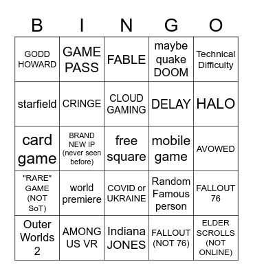 Xbox/Bethesda Games Showcase Bingo Card