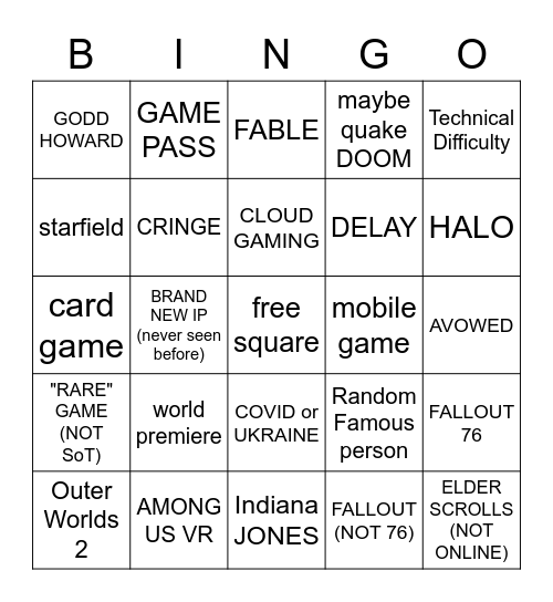 Xbox/Bethesda Games Showcase Bingo Card