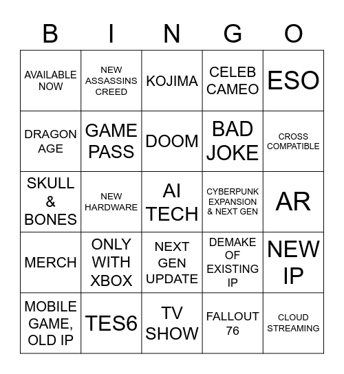 XBOX & BETHESDA Bingo Card