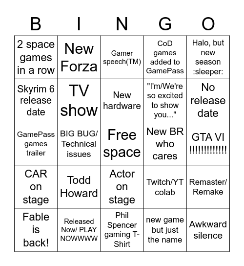 E3 2022 XBOX Bingo Card