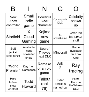 Xbox Bingo Card