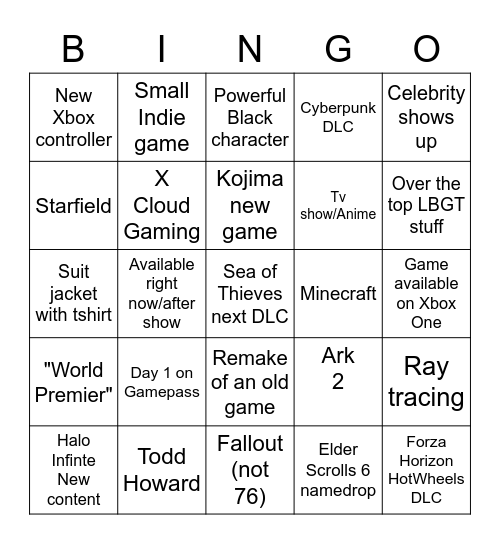 Xbox Bingo Card