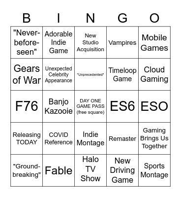 Xbox / Bethesda Showcase 2022 Bingo Card