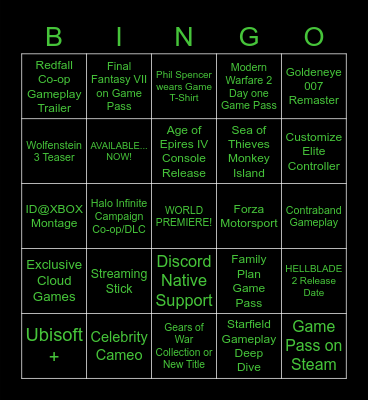 Xbox & Bethesda Showcase 2022 Bingo Card