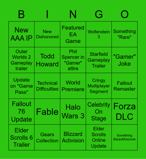 Xbox Bethesda Showcase Bingo Card