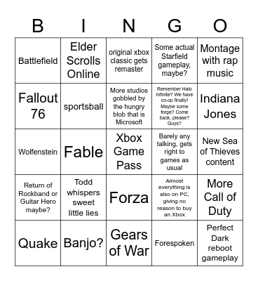 Xbox/Bethesda 2022 Bingo Card