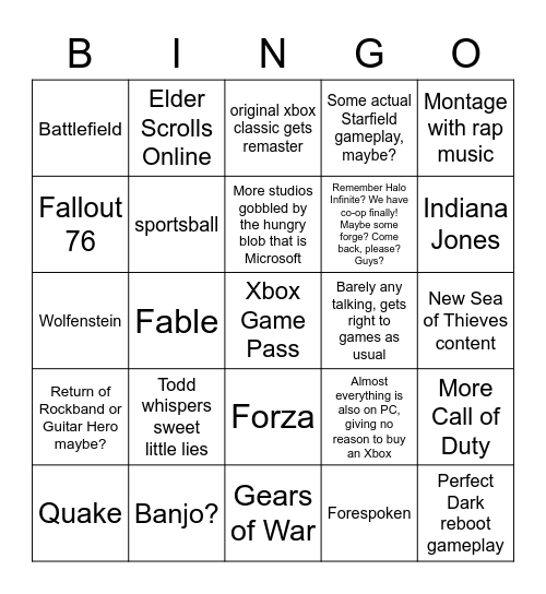 Xbox/Bethesda 2022 Bingo Card