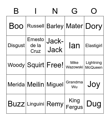 Pixar Movies Bingo Card