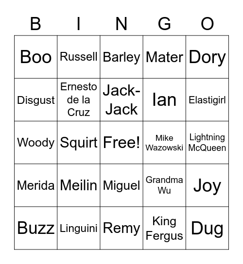 Pixar Movies Bingo Card