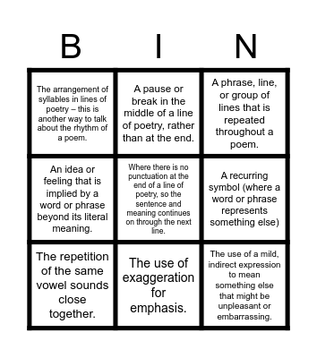 Poetry Terms Bingo Card