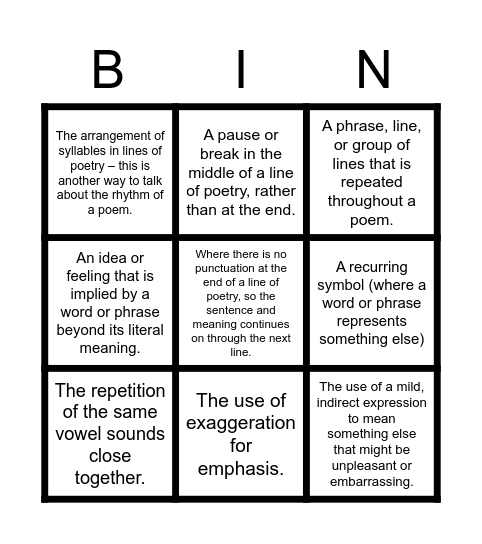 Poetry Terms Bingo Card