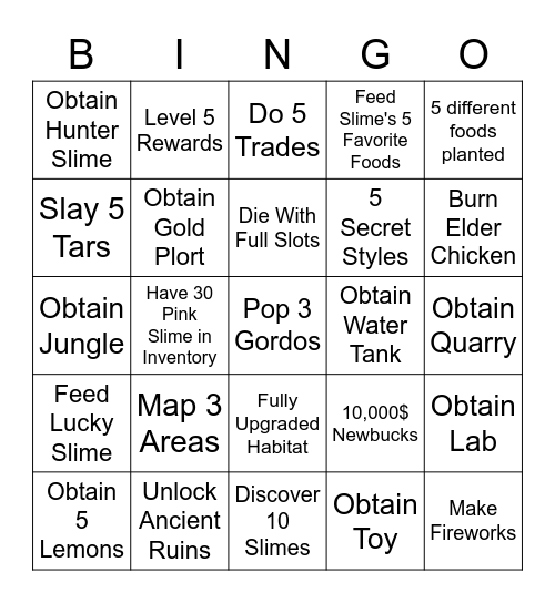 Slime Rancher Lock Out Bingo Card