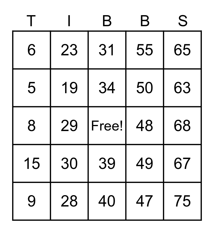 TIBBS Number 1-75 Bingo Card