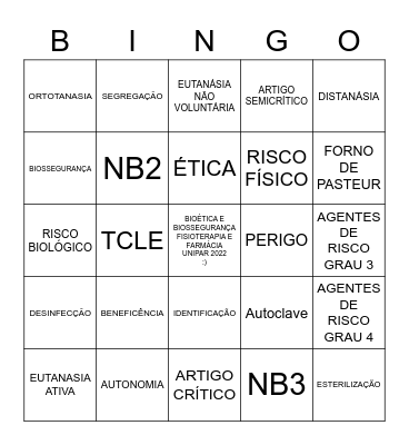 Bioética e Biossegurança Bingo Card