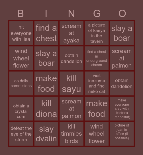 Genshin Impact Bingo Card