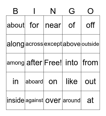 Preposition Bingo Card