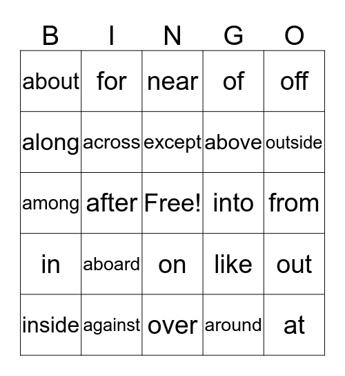 Preposition Bingo Card