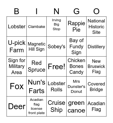 New Brunswick Road Trip Bingo Card