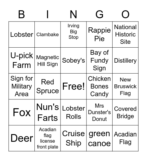 New Brunswick Road Trip Bingo Card