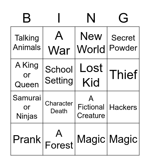 Fantasy and Mystery Bingo Card