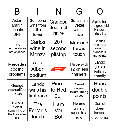 Formula One 2022 Bingo Card