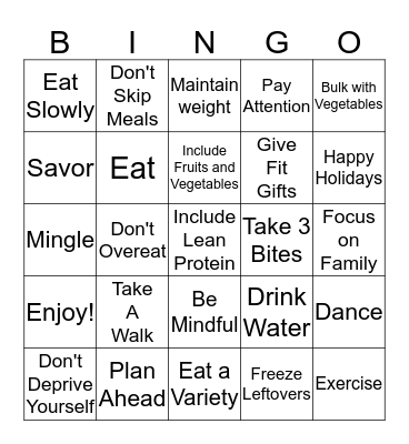 Healthy Holiday Choices Bingo Card
