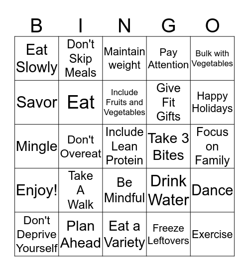 Healthy Holiday Choices Bingo Card