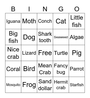 Animal Touch Bingo Card