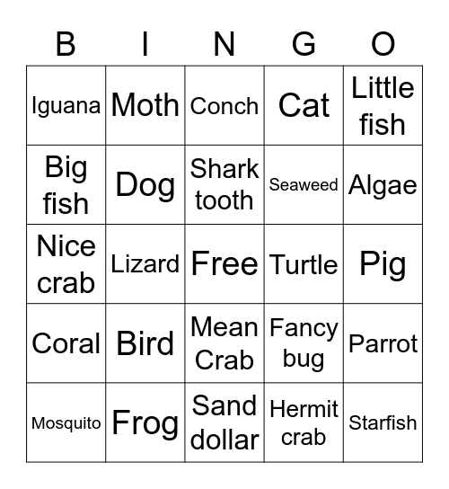 Animal Touch Bingo Card