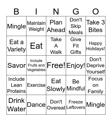Healthy Holiday Choices Bingo Card