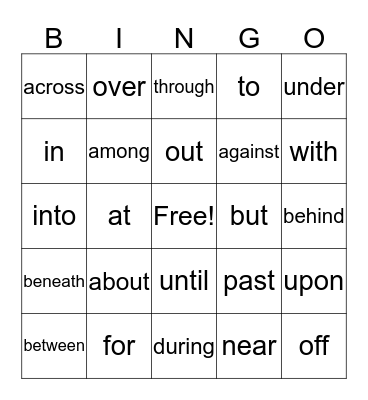 Preposition Bingo Card
