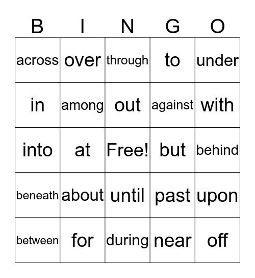 Preposition Bingo Card