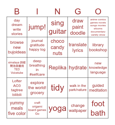 Self Care Bingo Card