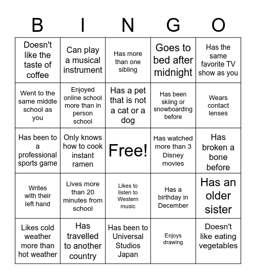 Classmate Bingo Card