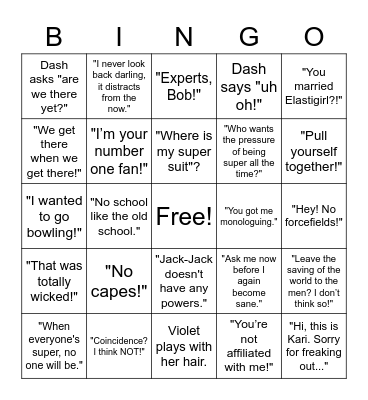 INCREDIBLES Bingo Card