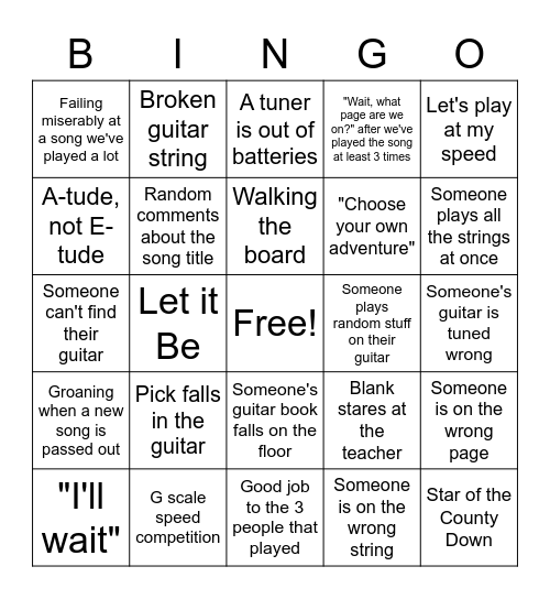 Guitar Class Bingo Card