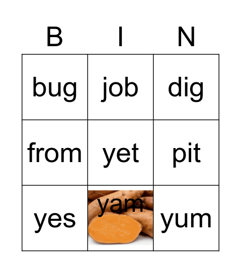 Y words Yam, Yes Bingo Card