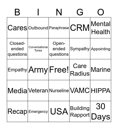 Veterans Choice Bingo Card