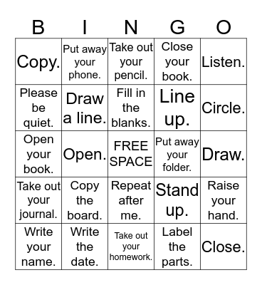Classroom Directions/Commands Bingo Card