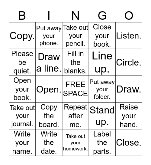 Classroom Directions/Commands Bingo Card