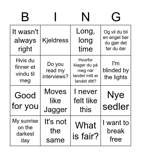 Musikkbingo uke 24 Bingo Card