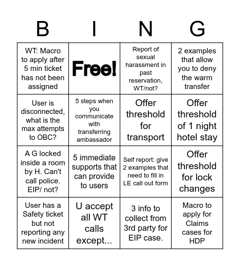 WARM TRANSFER Bingo Card