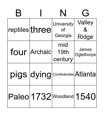 Georgia History Bingo  Bingo Card