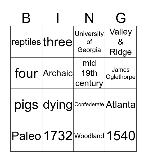 Georgia History Bingo  Bingo Card