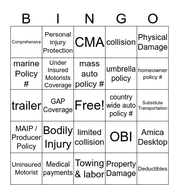 Auto Coverages Bingo Card