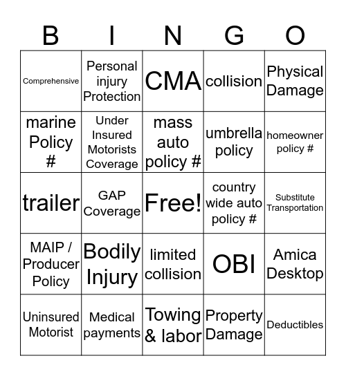 Auto Coverages Bingo Card