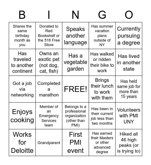 Networking Bingo Card